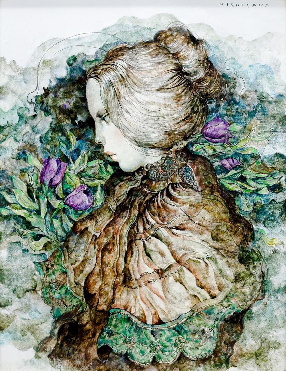 真作】【WISH】石阪春生「女のいる風景(トルコキョウ)」油彩 6号