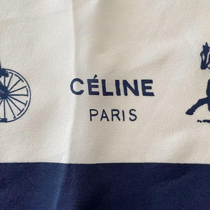 CELINE セリーヌ スカーフ 馬車 ロゴマニア ネイビー - メルカリ