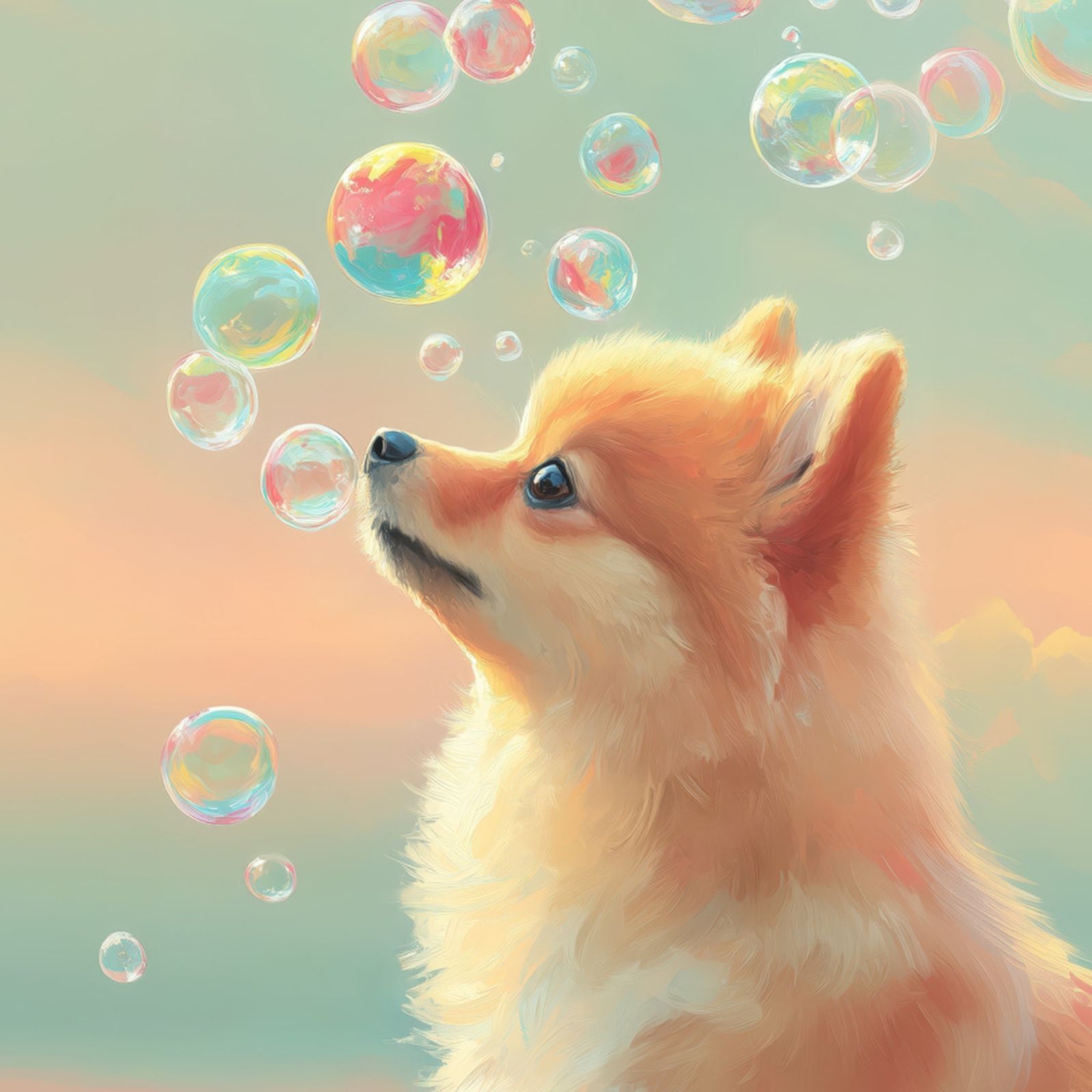 名入れOK 犬とシャボン玉 - ポメラニアン犬 No.1 アートポスター うちの子記念日 ペットロス 北欧 ナチュラル