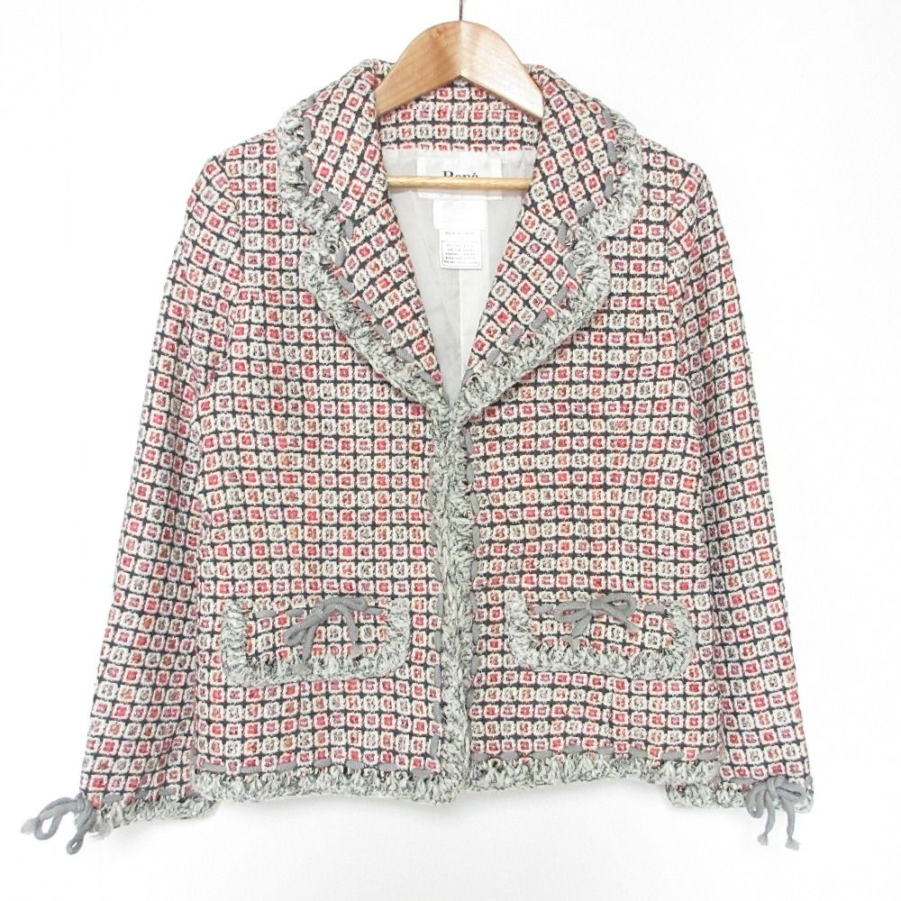 René 美品✨ルネ　ベビーピンク系コットンツイード 38 優しい雰囲気おリボン Rene ルネ イタリア製生地 リボン フリンジ ツイードジャケット