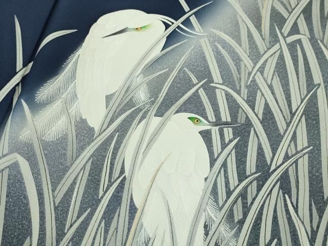 平和屋本店□極上 東京友禅 菅有鬼一 訪問着 手描き 白鷺 紺青色地 暈  