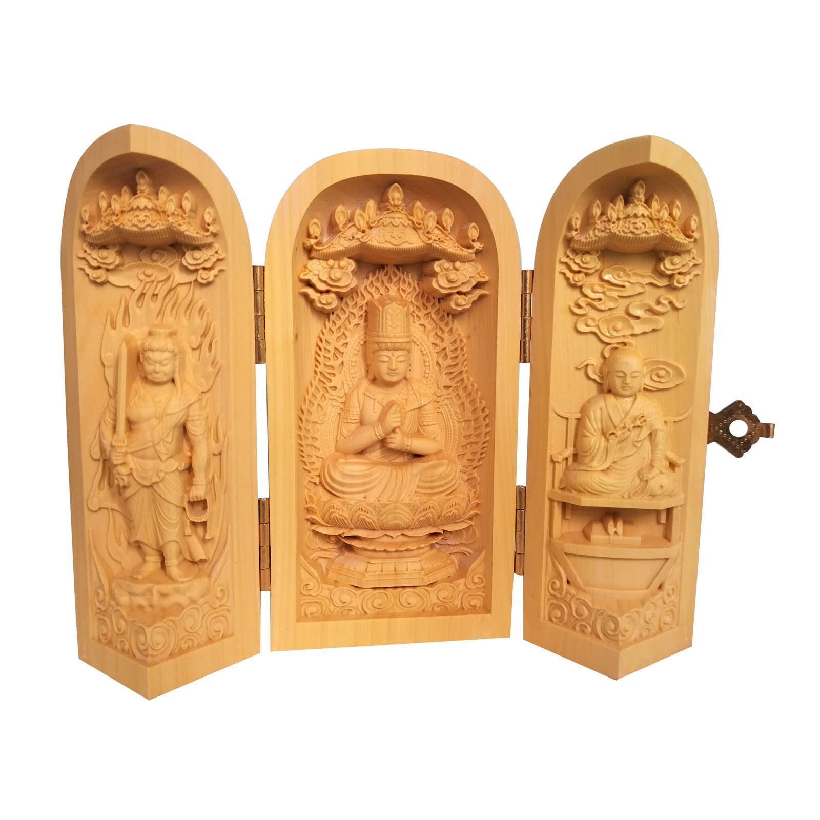【修縁堂】密教 真言宗 不動明王 切金 木彫り 仏師彫り 仏教工芸品 木彫り仏像 三開仏 大日三尊 真言宗三尊 大日如来・弘法大師