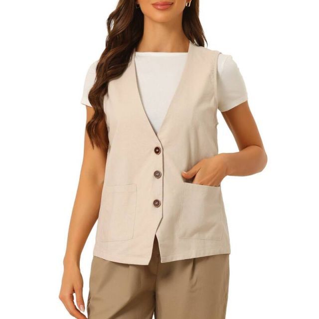 【送料無料】 アレグラ ケー レディース ジャケット・ブルゾン アウター Button Down Vest For Women Linen Sleeveless V Neck Summer Waistcoat Khaki