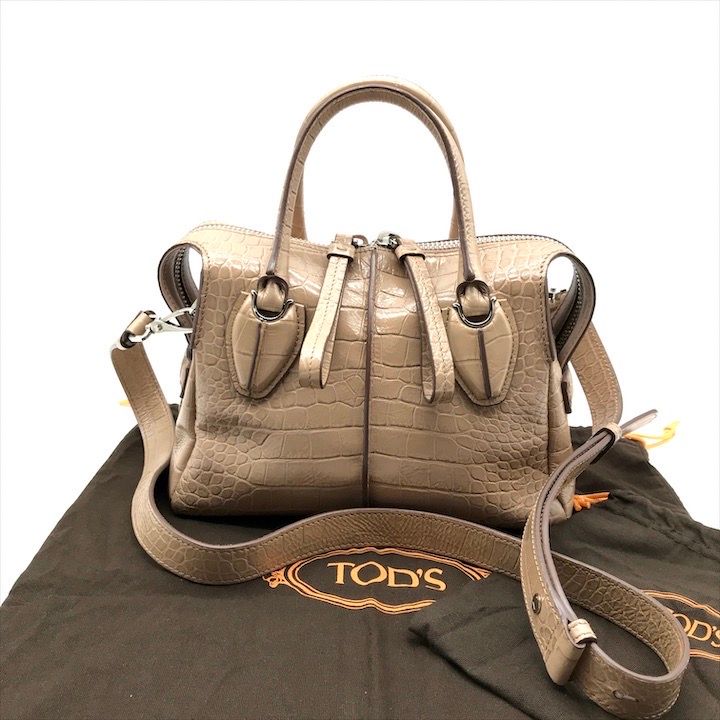 トッズ クロコ型押し 2WAY ハンドバッグ トート ベージュ系 ●⑰a 良品 Todsトッズ クロコ型押し 2WAY ハンド ショルダー バッグ