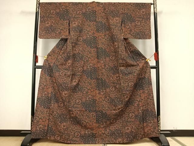 平和屋着物▽上質な小紋 単衣 紬地 草花文 正絹 AABA7482fy