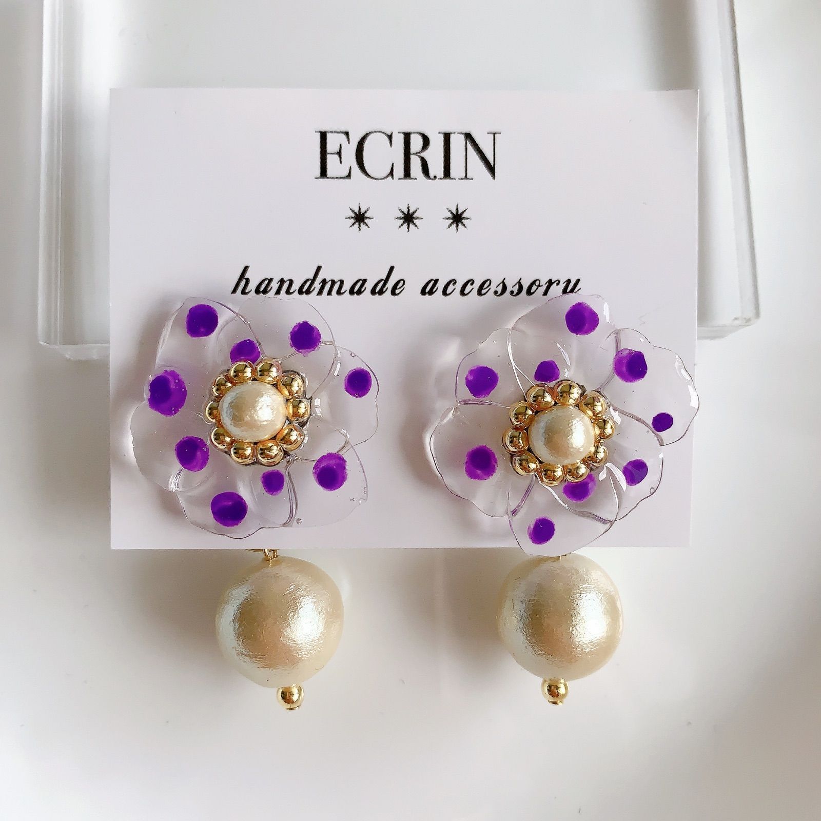 1497】パープル ドット フラワー ハンドメイドアクセサリー ピアス 