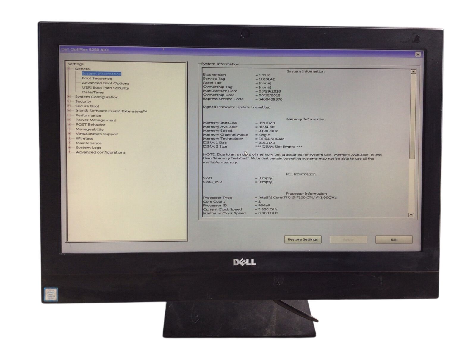 DELL OptiPlex 5250 AIO| CPU CORE i3-7100U| メモリ8192MB|ストレージ無し番号E03