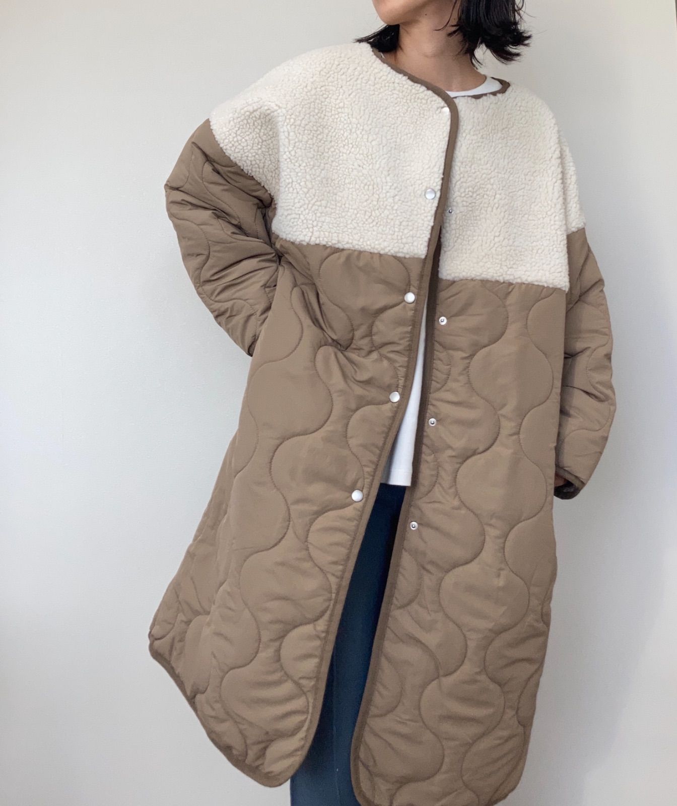 【ラス１　SALE】ボア切替キルティングコート　ロングコート