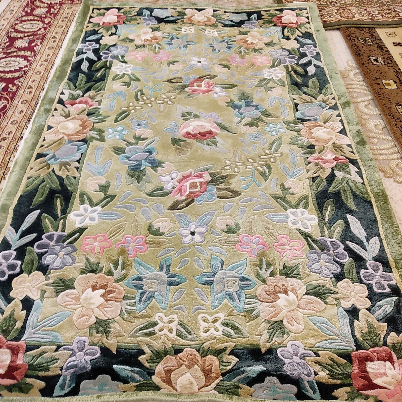 玄関マット 大きいマット 段通調 緞通調 シルク段通調 シルク緞通調 緑 約90х150