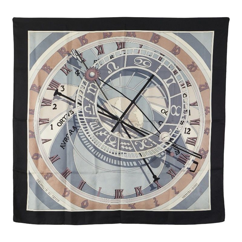 エルメス カレ90 MECANIQUE DU TEMPS 時の仕掛け ブラック グレー マルチカラー シルク レディース HERMES 1-0234296