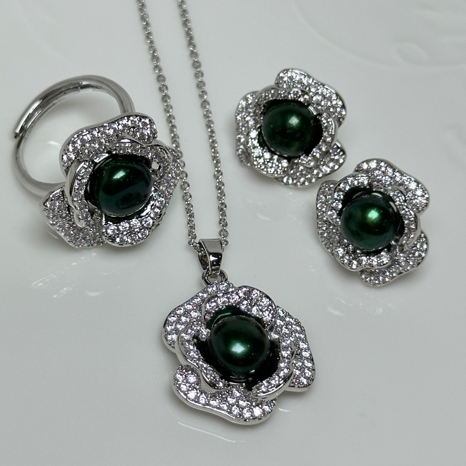 綺麗！黒真珠ジュエリー3点セット ピアス newリング 薔薇