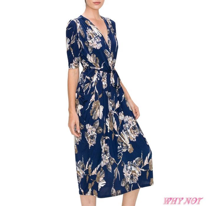 ワンピース 膝下丈 5分袖 Vネック ペンシルスカート ミモレ丈 抽象花柄 S.M.L.XL ダークネイビーブルー from USA ロサンゼルスアパレル JN221223LA009