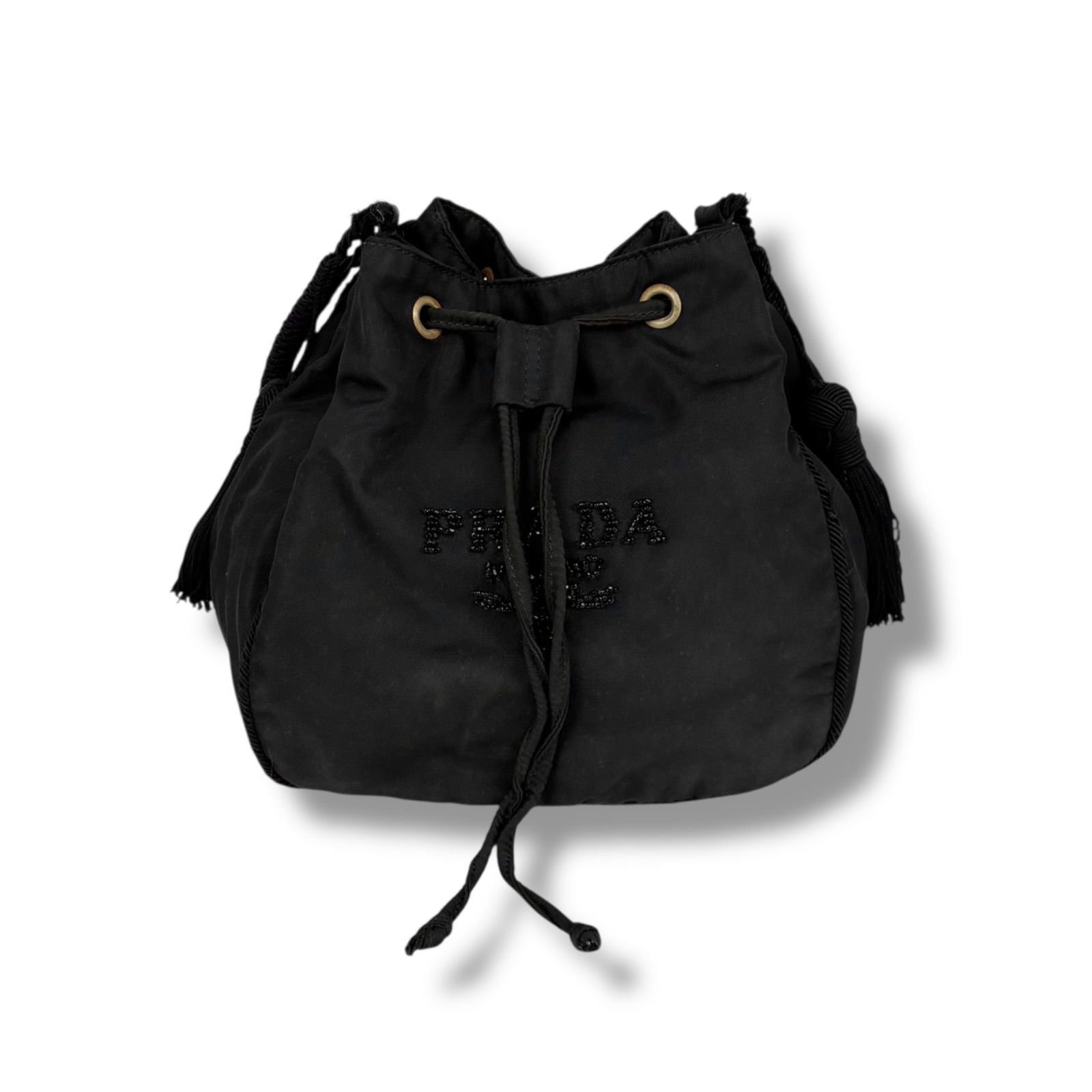 プラダ PRADA 巾着型 ミニショルダーバッグ ビーズロゴ タッセル 