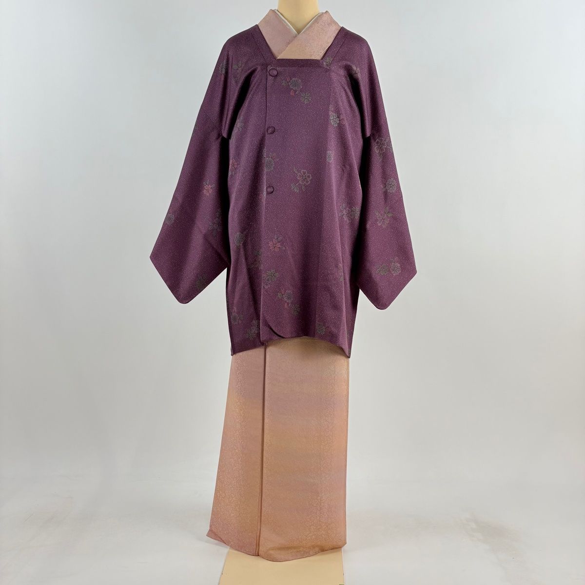道行 身丈88cm 裄丈67cm M 和装コート 角衿 桜 梅 紫 正絹 秀品