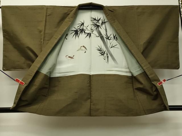 平和屋着物○男性 紬 アンサンブル 根岸色 正絹 逸品 未使用