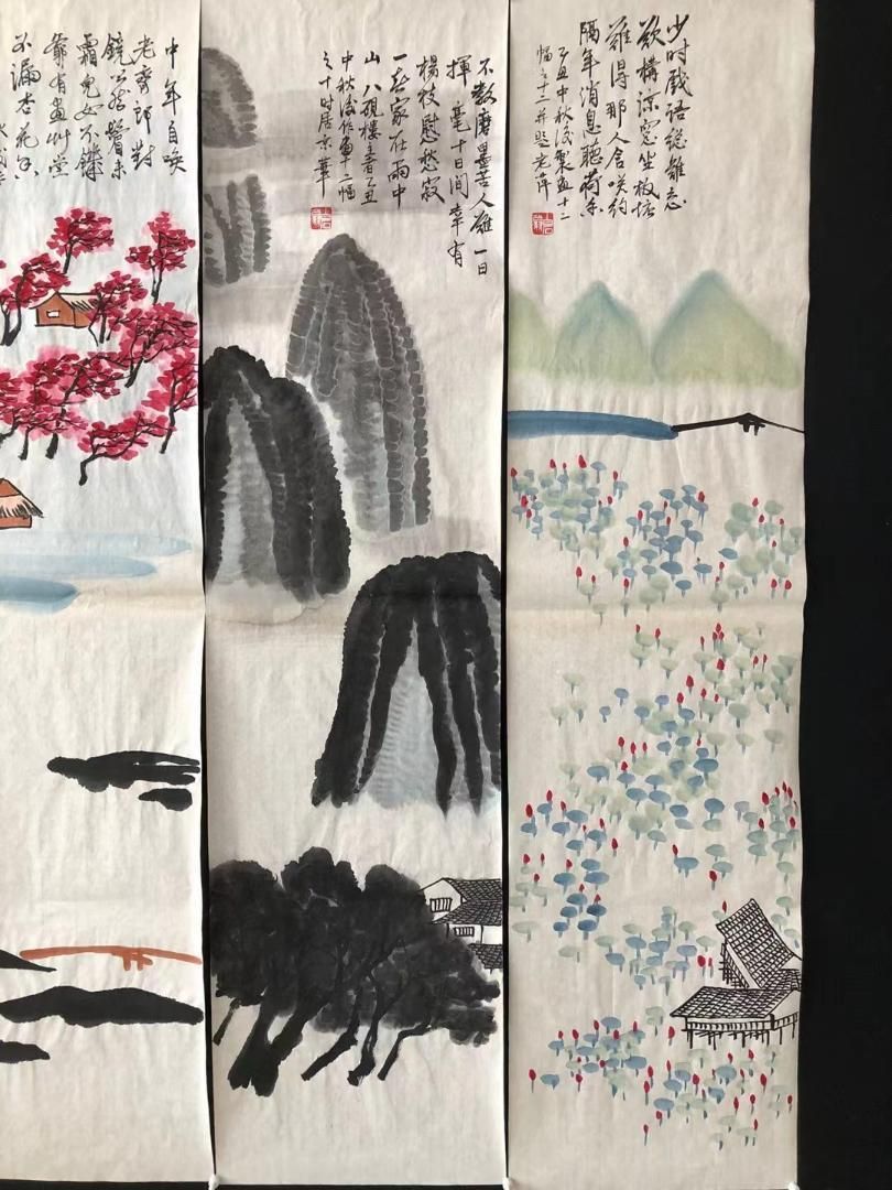 中国美術・純手描き三尺蓮画芯・水墨画・啓功印款・肉筆・宣紙