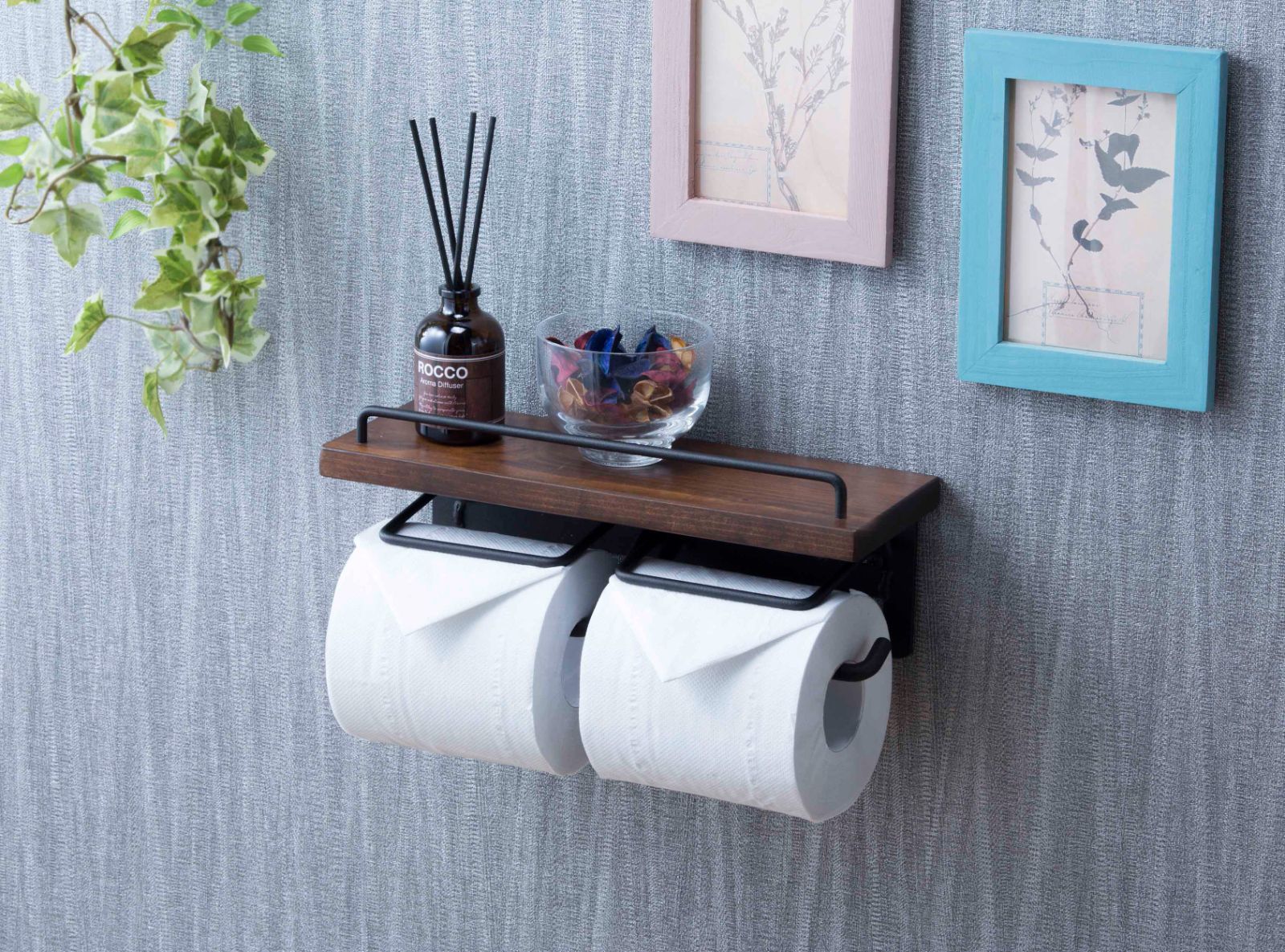 トイレットペーパーホルダー 棚付 天然木 ダブルタイプ 幅27.5cm ダークブラウン ペーパーホルダー トイレットペーパー ダブル 2連 棚 棚付き 小物置き トイレ ペーパー収納 ホルダー ペーパー押さえ 落下防止 おしゃれ SIN-20