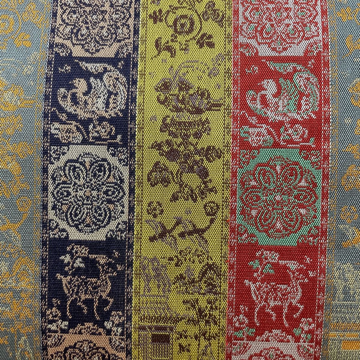 開き名古屋帯 名品 龍村美術織物 証紙 華文 花鳥 金銀糸 からし