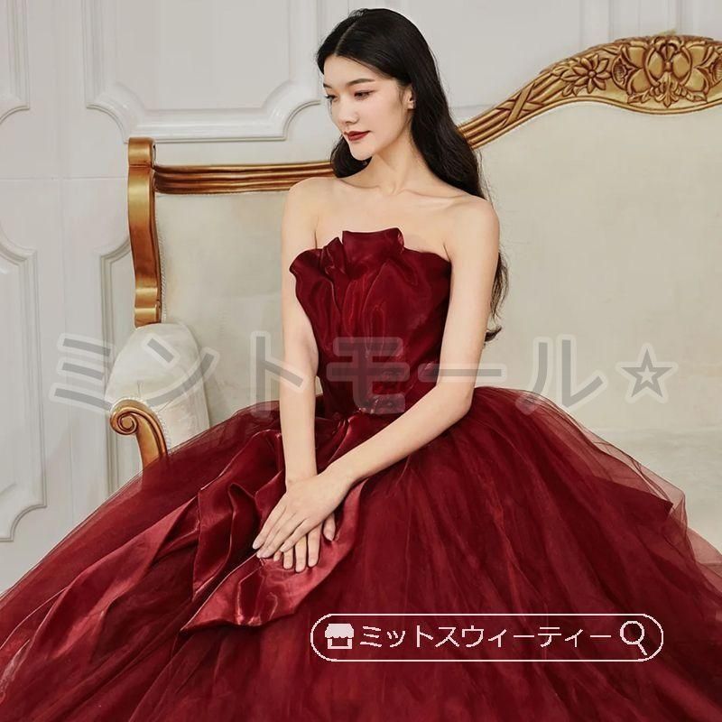 カラードレス アンティークレッド 二次会 パーティードレス 演奏会 発表会 花嫁 結婚式 ウェディングドレス ビスチェドレス 赤 上品 ロング