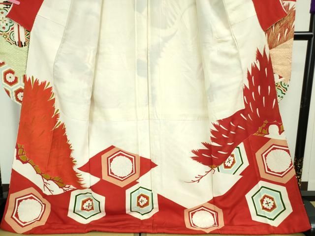 平和屋本店■極上　アンティーク　大正ロマン　振袖　刺繍　飛鶴松文　黒地　金彩　逸品　DZAA9977kh5 平和屋本店□極上 アンティーク 大正ロマン 振袖 刺繍 飛鶴松文 黒地