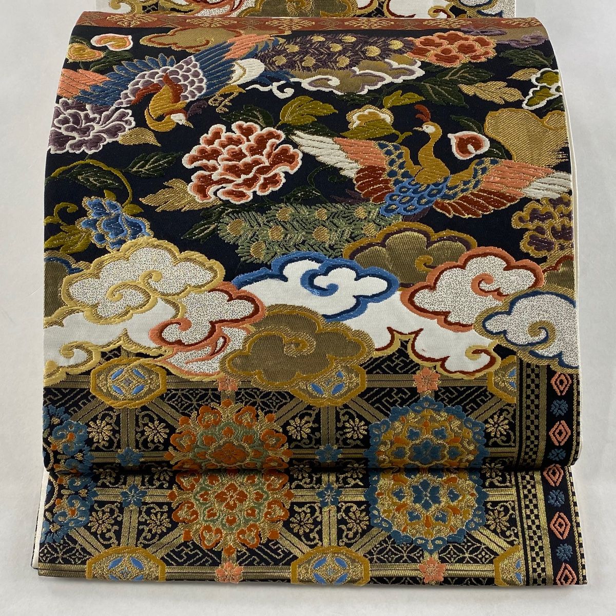 販売特別価格 袋帯 秀品 織文唐織 花 唐草 クリーム 六通 正絹 【中古