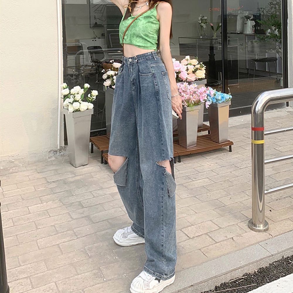 デニムパンツ ダメージジーンズ 春夏秋 デニムワイドパンツ ハイ