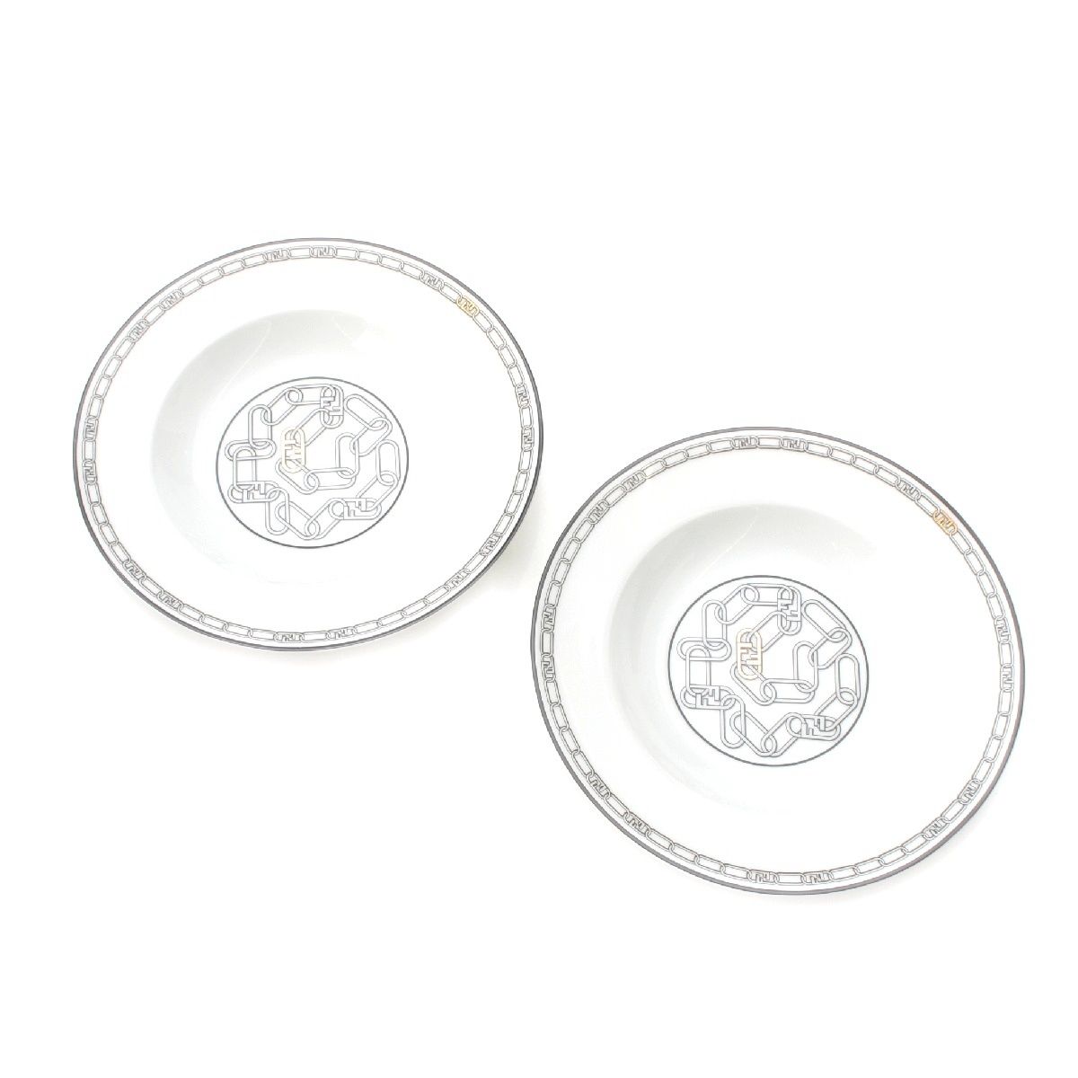 フェンディ オーロック 磁器 ポーセリン ペアスーププレート 2点セット 皿 食器 7AC046 グレー ホワイト