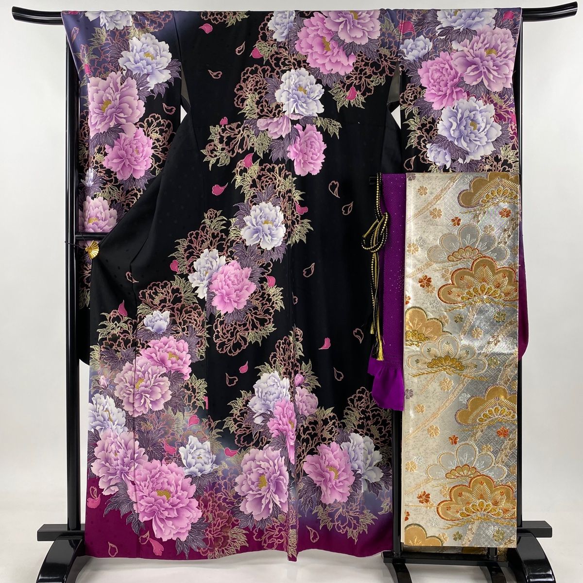 振袖 身丈165.5cm 裄丈67.5cm L 袷 袋帯フルセット 牡丹 箔 金彩