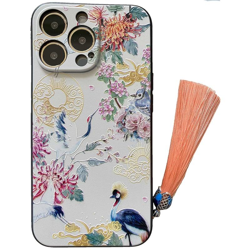新品　KOLO【鶴 花】 iPhone対応 13 Pro ケース iPhoneケース iPhone13proケース 菊 中国風のスマホケース スマホカバー (白 iPhone13 Pro