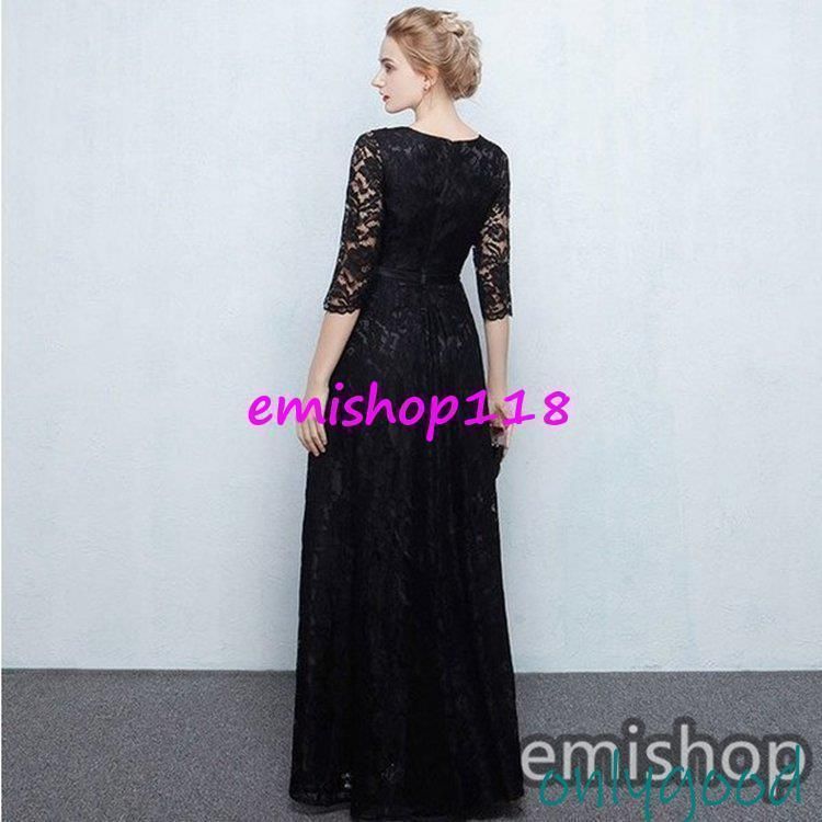 ロング丈レースドレス黒ブラック着痩せ7分袖パーティードレス結婚式二次会ドレスロングドレスワンピースレースWP