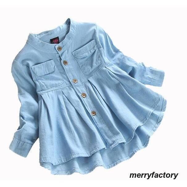 ブラウス シャツ デニムブラウス デニムシャツ 長袖 キッズ 女の子 子供服 ガールズ 襟なし 丸首 ラウンドネック プリーツ フレア フリル ギャザ