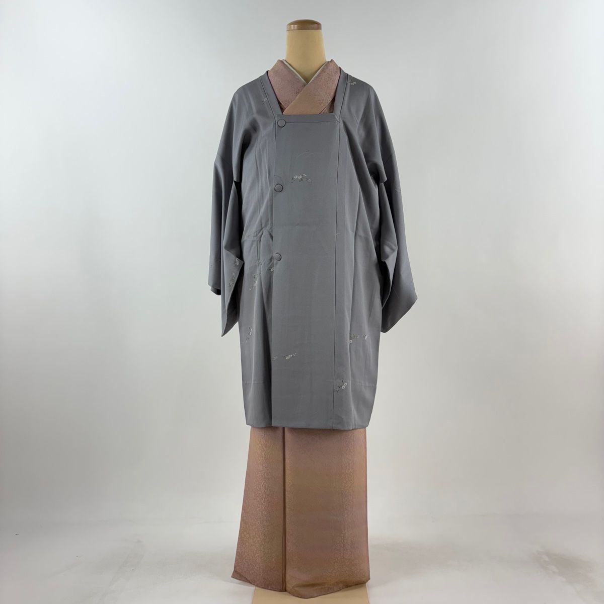 道行 身丈96.5cm 裄丈66.5cm M 和装コート 角衿 草花 灰色 正絹 秀品