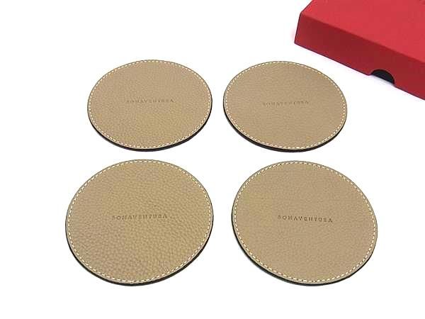 新品未使用 BONAVENTURA ボナベンチュラ レザー コースター グラスマット コップ敷き 4点セット グレージュ系 FE5563