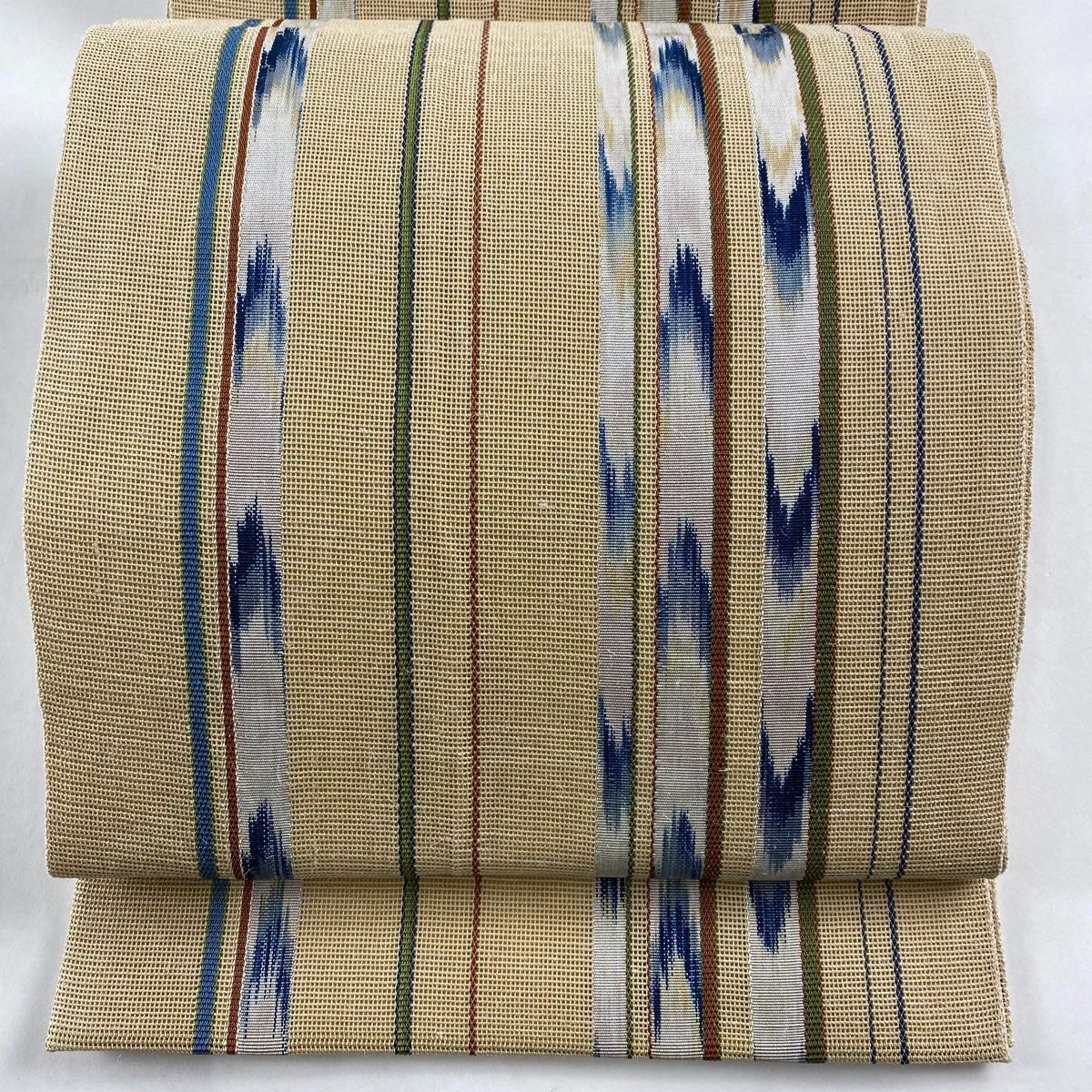 袋帯 名品 夏帯 縞 ベージュ 全通 正絹