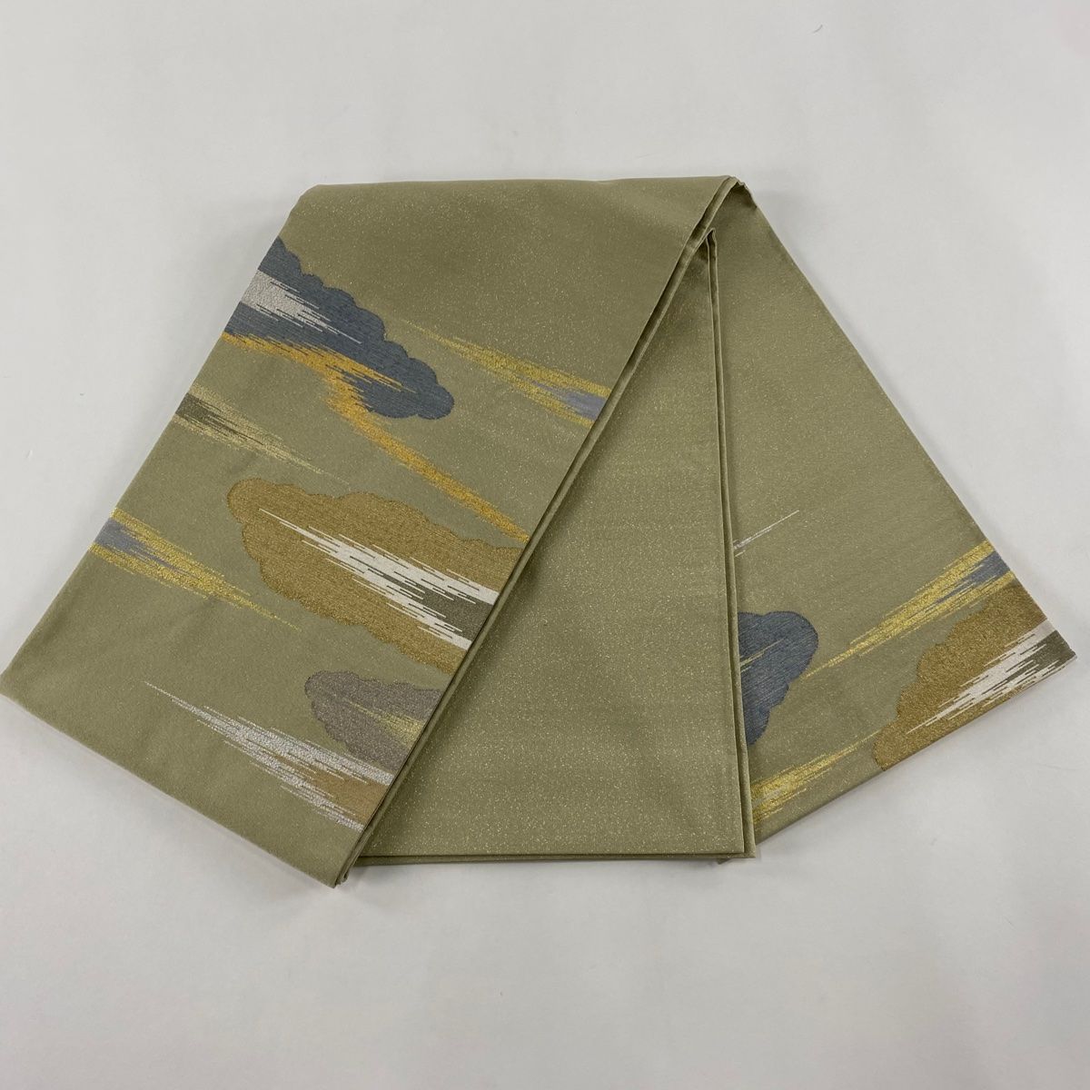 袋帯 綴れ 金糸銀糸 雲取り模様 緑色x金色x銀色 お太鼓柄 正絹