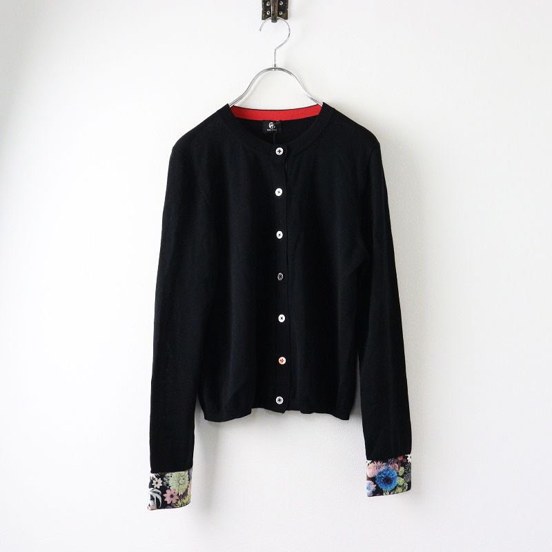 ポールスミス PS Paul Smith 袖フラワープリントクルーネックカーディガン M|ブラック リヨセルウール 2400014392388