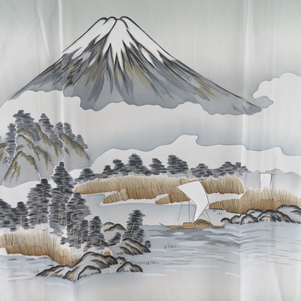 グレー 富士山 夢の字 男物 正絹 袷長襦袢 - 着物
