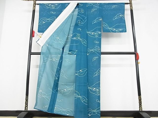 平和屋-こころ店■夏物　小紋　絽　枝葉文　着丈158cm　裄丈63cm　洗える着物　A-ma6890