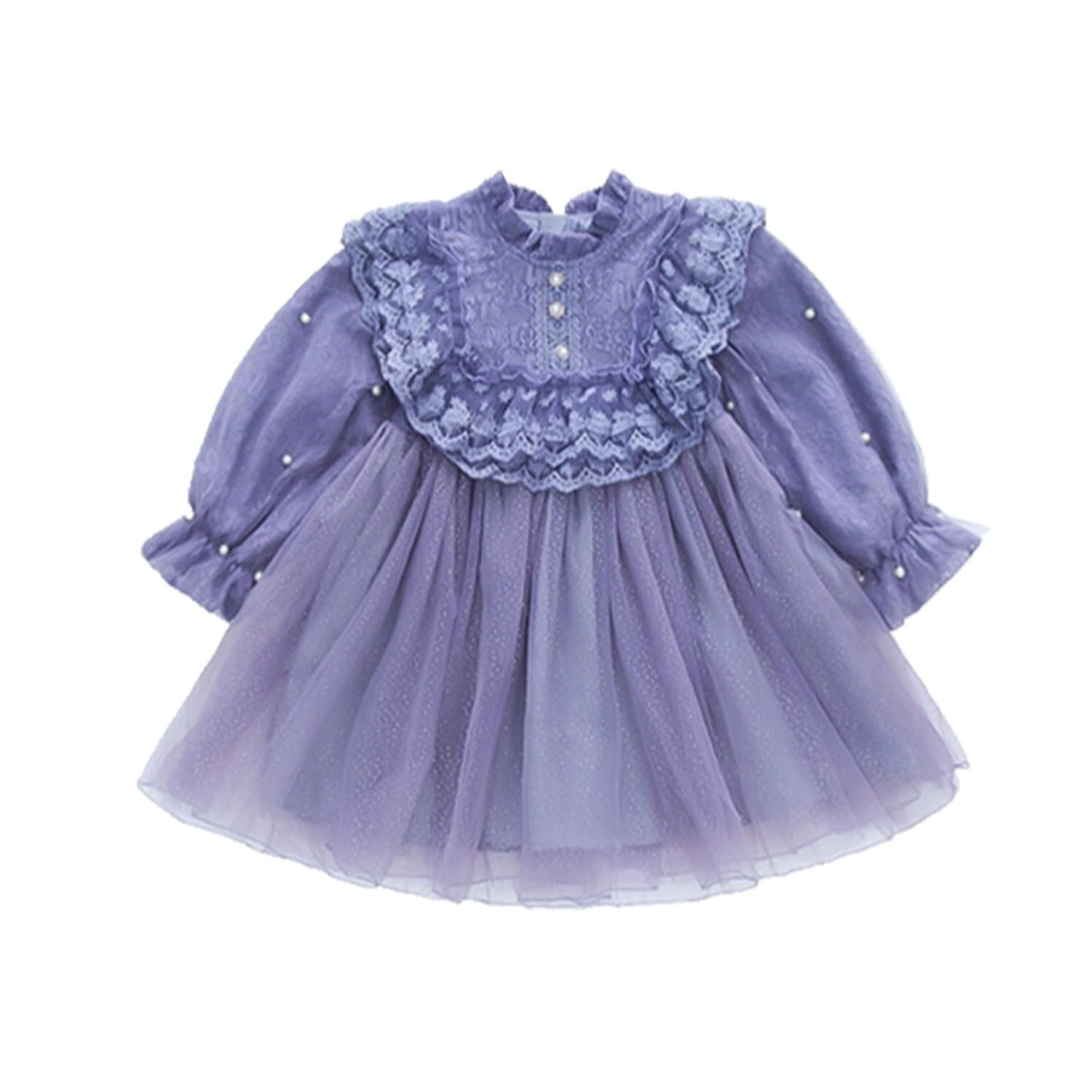 120_1-パープル [VOKLLIYU] 子供 女の子 ワンピース ドレス 長袖/半袖 可愛い キッズ 女児 レース ワンピース 子供服 100-150CM 春夏秋冬 洋服 結婚式 発表会 卒園式 入学式(1-パープル， 120)