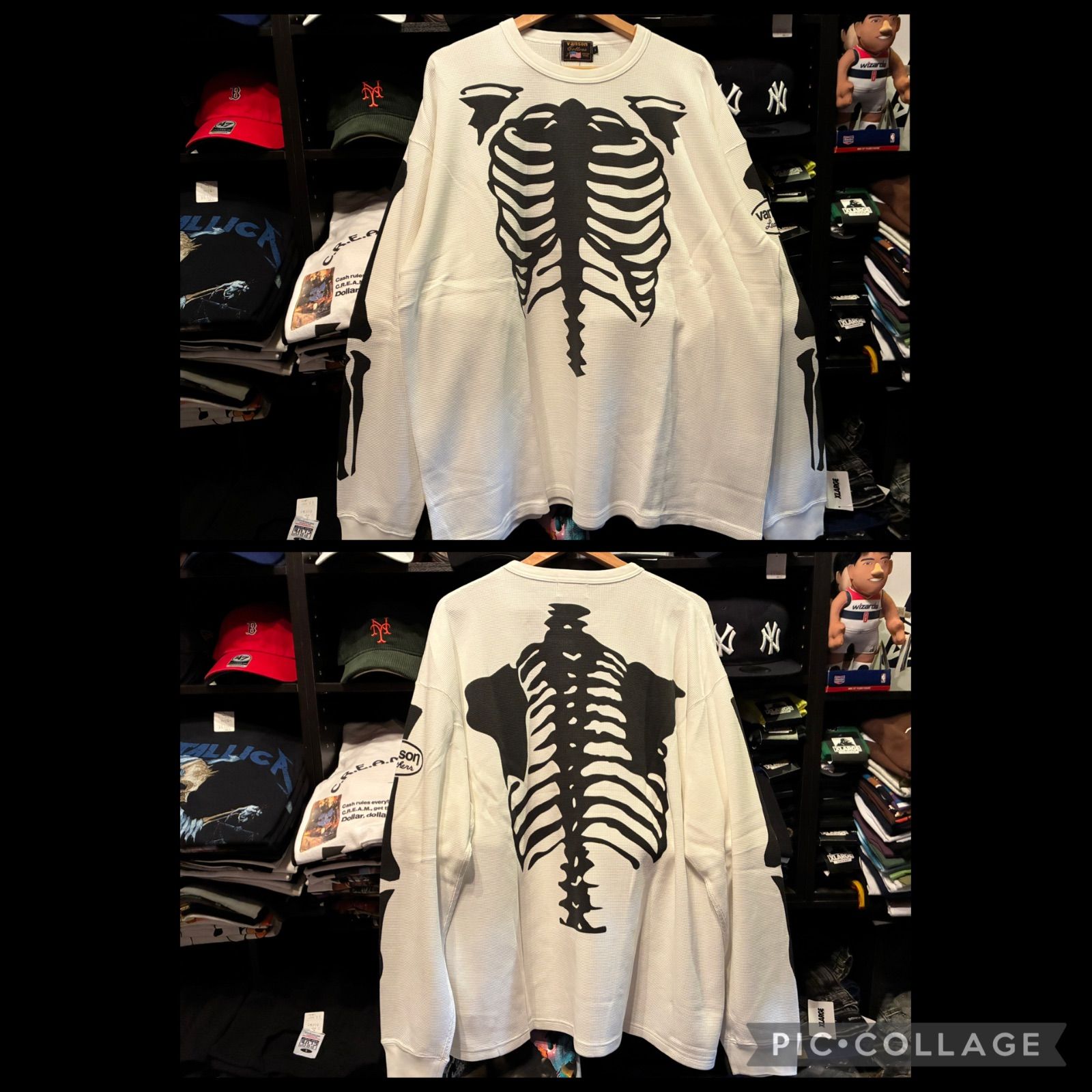 VANSON バンソン ボーン サーマル ロンT 白 L 骨 スカル ワッフル VANSON バンソン スカルボーン 骨 プリント サーマル ワッフル生地