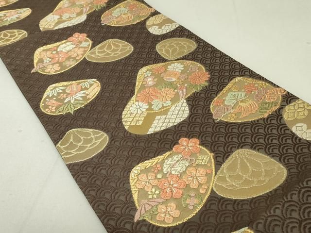 平和屋着物●六通柄袋帯　唐織　貝合わせ吉祥小槌花文　金糸　正絹　逸品　DAAT0430ob 平和屋着物○六通柄袋帯 唐織 貝合わせ吉祥小槌花文 金糸 正絹 逸品