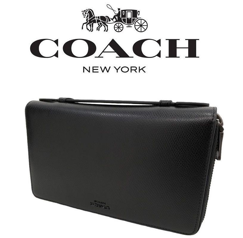 ＜コーチ財布＞COACH/コーチ財布 長財布 F93509 ブラック セカンドバッグ ダブルジップ オーガナイザー メンズ長財布 小銭入れあり アウトレット品 紙袋付属　新品未使用