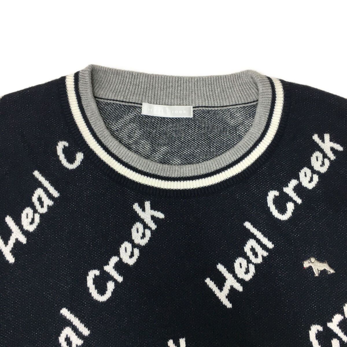 Heal Creek - coco 中古 ヒールクリーク HEAL CREEK メンズ セーター 52(LL) 紺 長袖クルーネックニット カシミヤ混 ロゴ総柄 Heal Creek - coco 中古 ヒールクリーク HEAL CREEK メンズ
