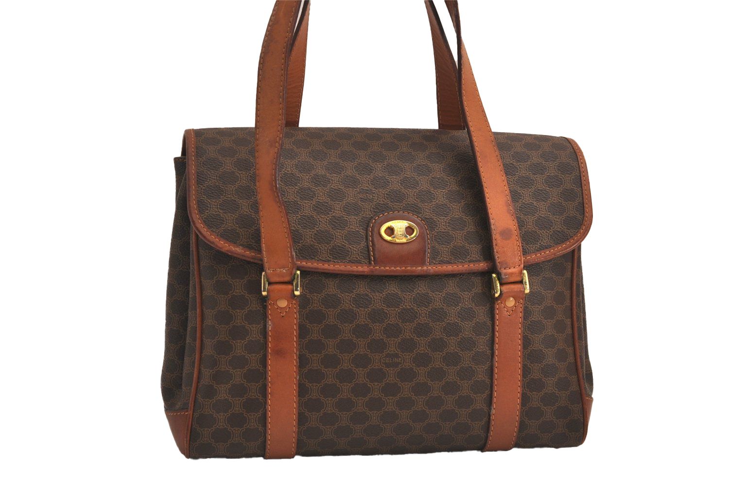 CELINE セリーヌ マカダム ブラゾン 模様 ハンドバッグ 財布 ピーブイシー レザー ブラウン 6371M