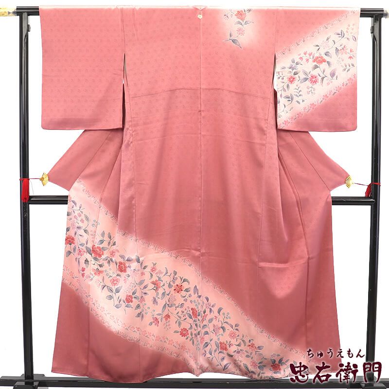 付下げ 袷 レディース 正絹 濃ピンク 一つ紋 蔦 花柄 身丈158cm 裄丈66cm 入学式 卒業式 七五三 Mサイズ相当 リサイクル着物 リユース着物 着物 送料無料 即日発送