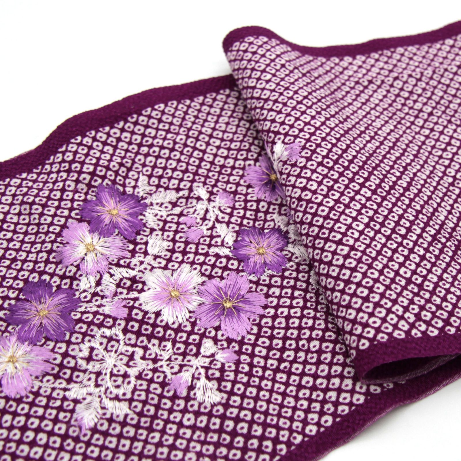 半衿 半襟 USED OUTLET アウトレット 美品 紫 鹿の子 桜  刺繍  成人式 振袖  振袖用 和装小物 着物 きもの 和装 WO-39