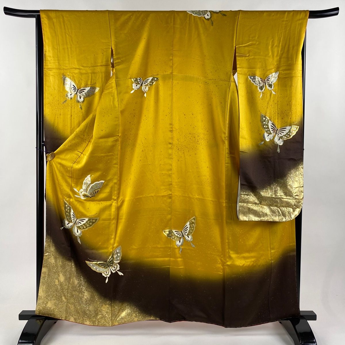 振袖 身丈161.5cm 裄丈67cm M 袷 草花 蝶 金彩 金銀彩 山吹色 正絹