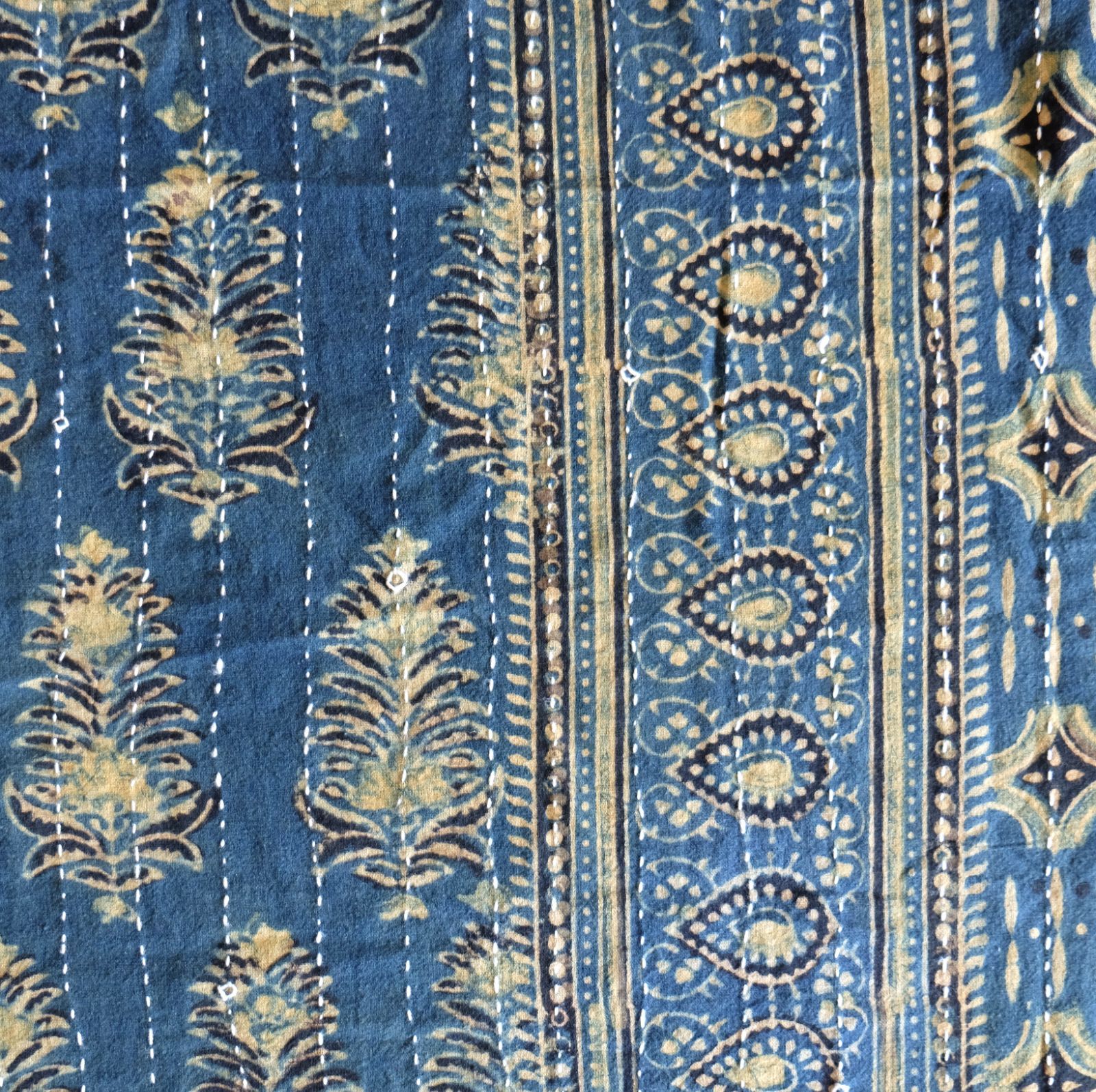 マルチクロス 刺し子 約145×235cm インド綿 ブロックプリント アジュラック ターコイズ×草木