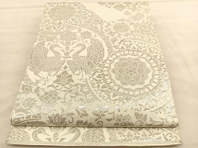 平和屋着物◎六通柄 本袋帯 向かい鳥花絵皿 純プラチナ箔 正絹