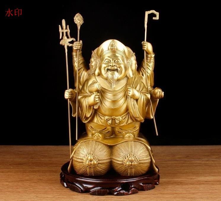 仏教美術 仏像 【秀峰】作 【興隆大黒天】 銅製 在銘 共箱 大黒 七福神 推薦 ☆仏教美術 精密細工 仏師で仕上げ品 七福神 三面大黒天
